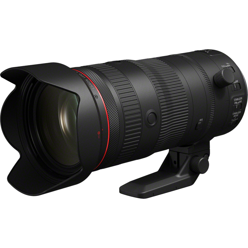 Canon RF 24-105mm F2.8L IS USM Z Objektiv Produkt: Schrägansicht von links mit Streulichtblende und Ständer