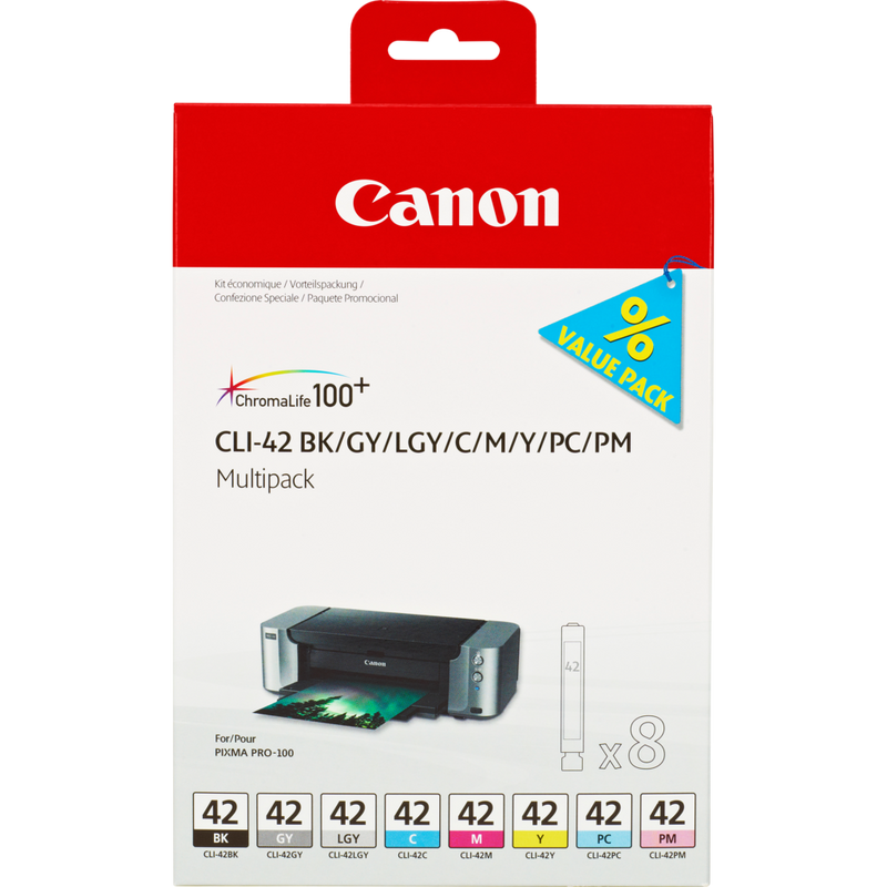 Canon CLI-42 BK/GY/LGY/C/M/Y/PC/PM Multipack mit 8 Tinten Produkt Vorderansicht