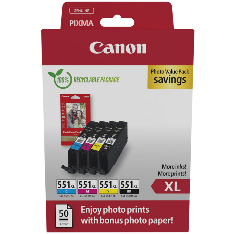 Canon CLI-551XL High Yield BK/C/M/Y Photo Value Pack Product Package front view