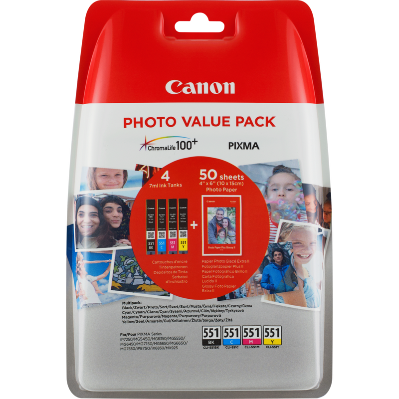 CLI-551 BK/C/M/Y + Photo Paper (Value Pack) [Kit fotografico]