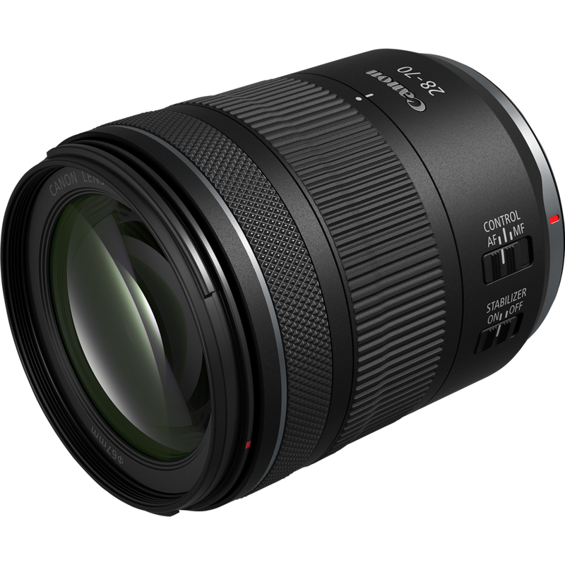 Canon RF 28-70mm F2.8 IS STM Lens Produkt Diagonale Seitenansicht