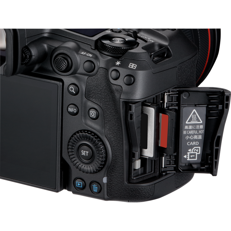 Canon EOS R5 Mark II spiegelloses Kameragehäuse Produkt Rückansicht mit geöffnetem SD-Kartenslot