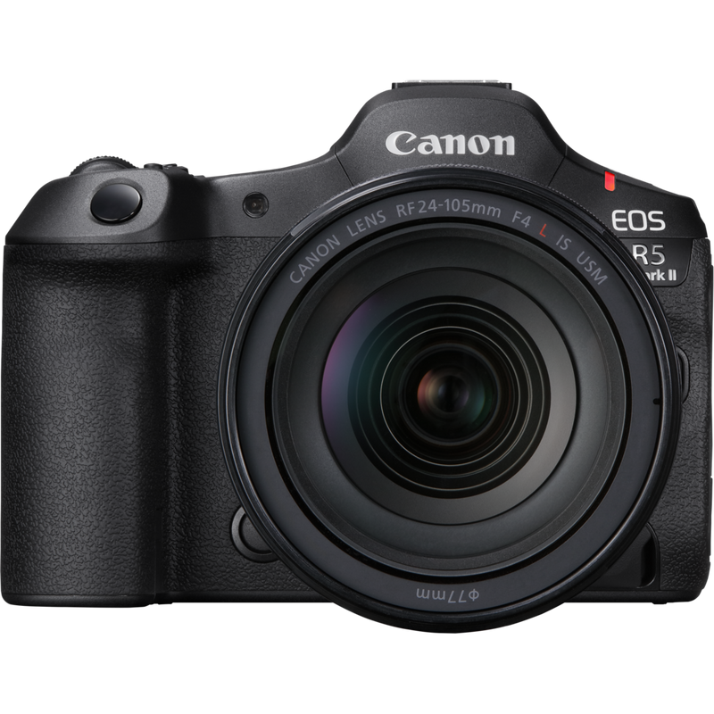 Canon EOS R5 Mark II spiegellose Kamera und RF 24-105mm F4 L IS USM Objektiv Produkt Vorderansicht mit angebrachtem Objektiv