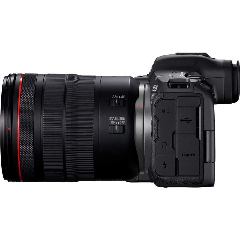 Canon EOS R5 Mark II spiegellose Kamera und RF 24-105mm F4 L IS USM Objektiv Produkt Ansicht von links mit angebrachtem Objektiv