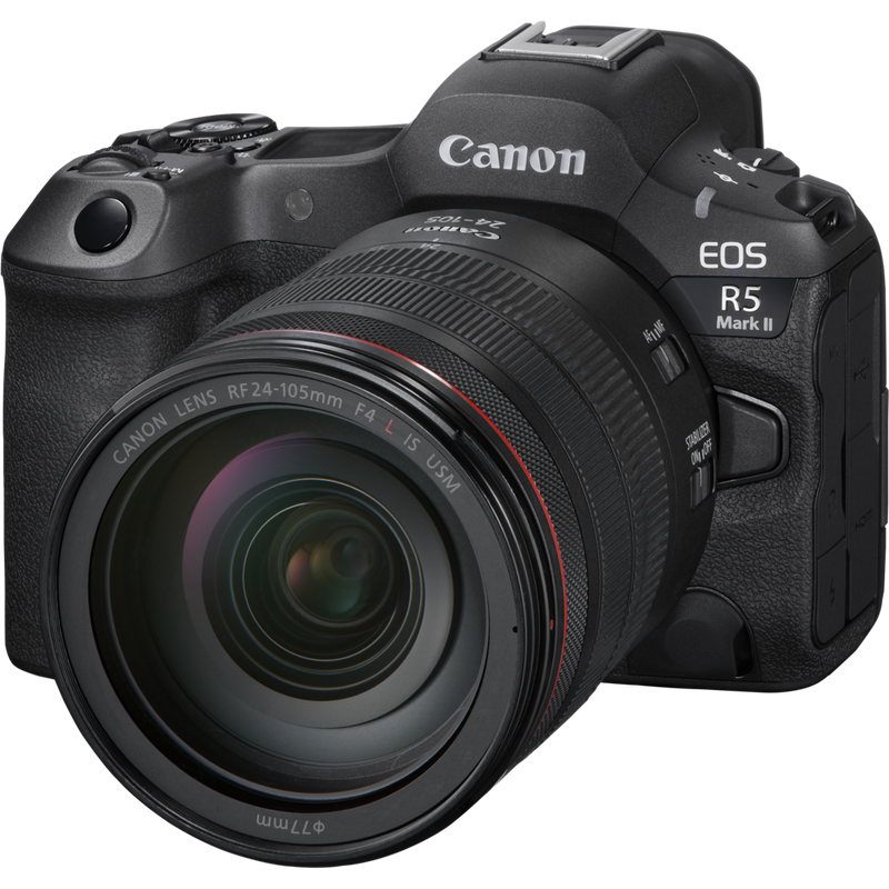 Canon EOS R5 Mark II spiegellose Kamera und RF 24-105mm F4 L IS USM Objektiv Produkt Vorderansicht von links mit angebrachtem Objektiv
