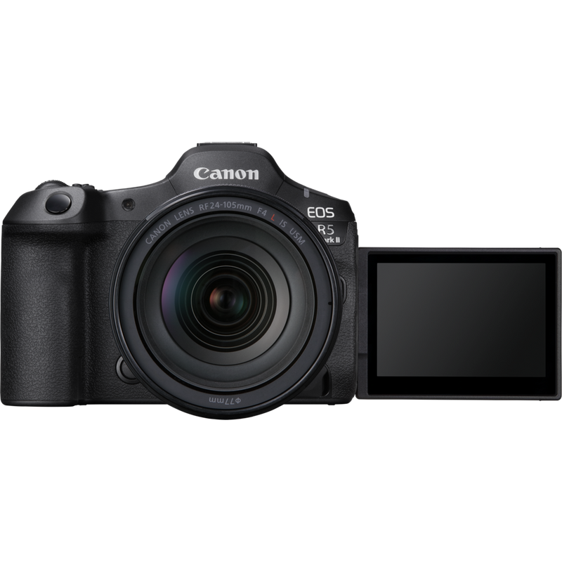 Canon EOS R5 Mark II spiegellose Kamera und RF 24-105mm F4 L IS USM Objektiv Produkt Vorderansicht mit ausgeklapptem Bildschirm