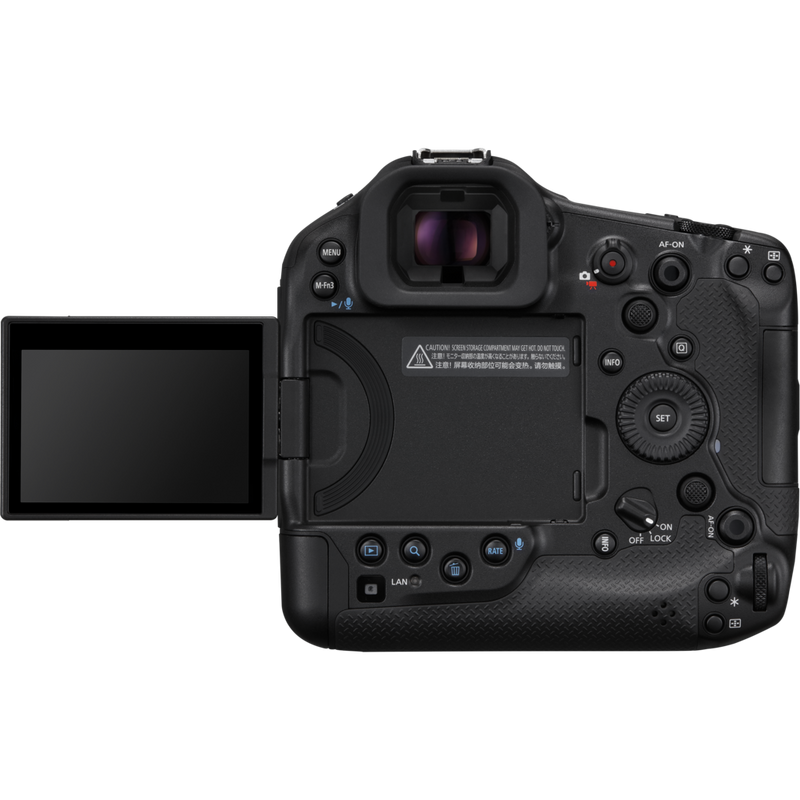 Canon EOS R1 spiegelloses Kameragehäuse Produkt Rückansicht mit ausgeklapptem Bildschirm