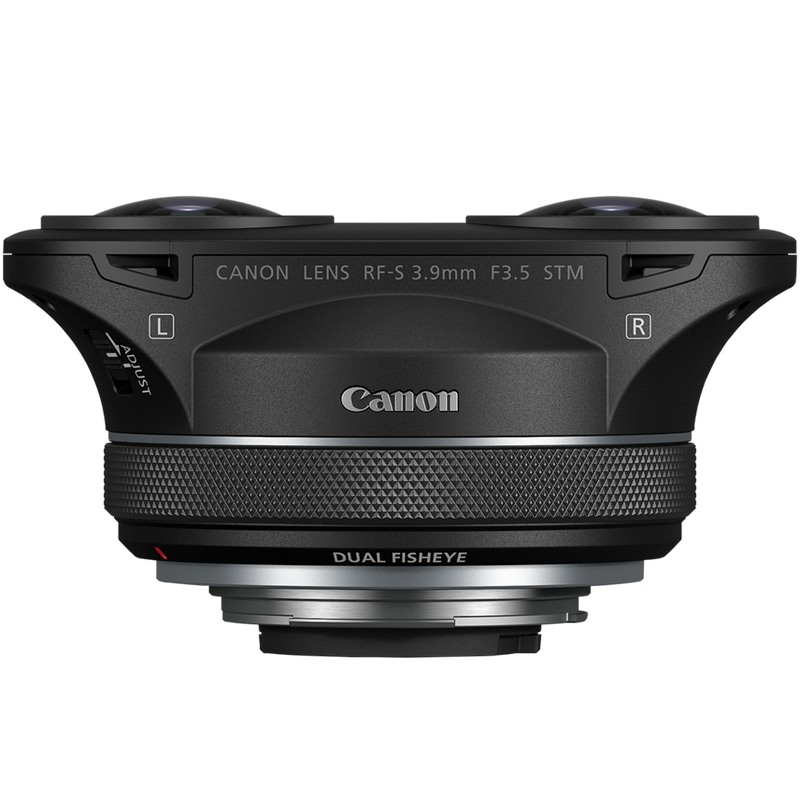 Canon RF-S 3.9mm F3.5 STM DUAL FISHEYE-Objektiv Produkt Ansicht von oben links mit Canon Branding