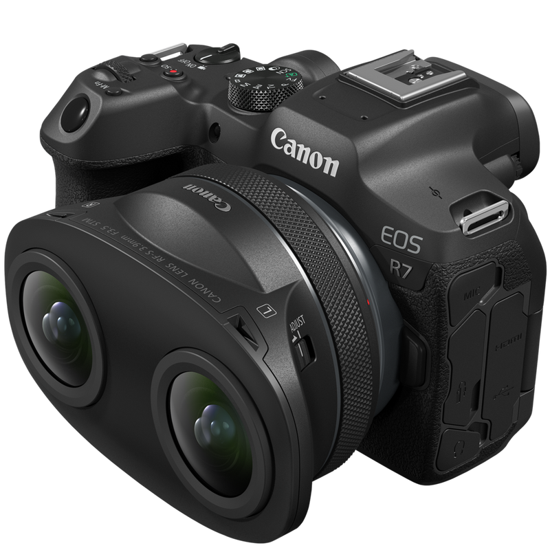 Canon RF-S 3.9mm F3.5 STM DUAL FISHEYE-Objektiv Produkt Ansicht des Objektivs von rechts bei Anbringung an eine Kamera