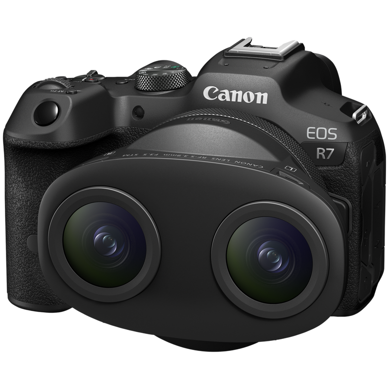 Canon RF-S 3.9mm F3.5 STM DUAL FISHEYE-Objektiv Vorderansicht des Objektivs bei Anbringung an eine Kamera