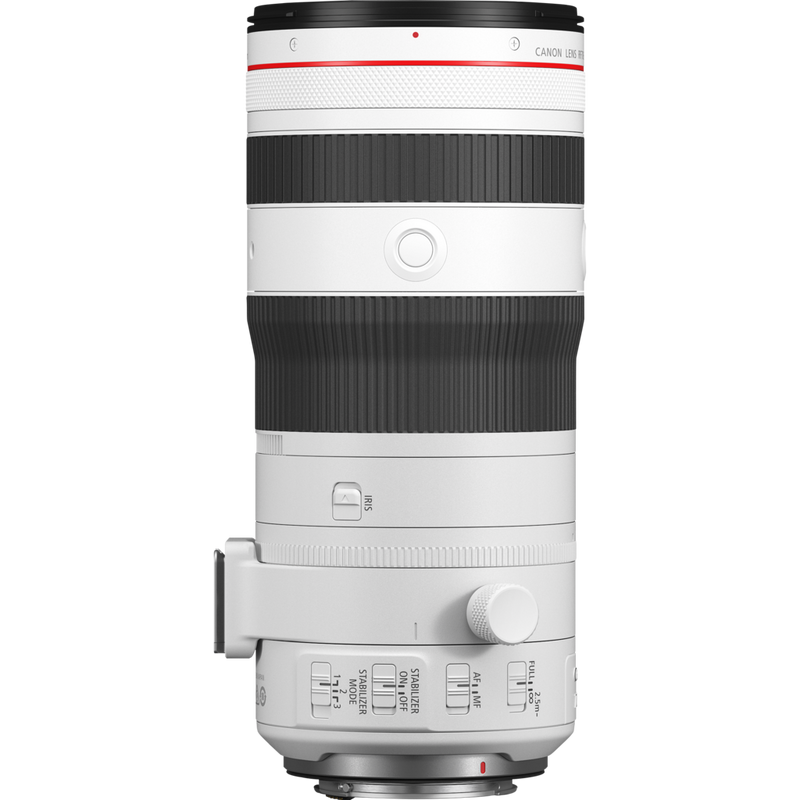 Canon RF 70-200mm F2.8L IS USM Z Objektiv, weiß Produkt Seitenansicht mit sichtbaren Tasten