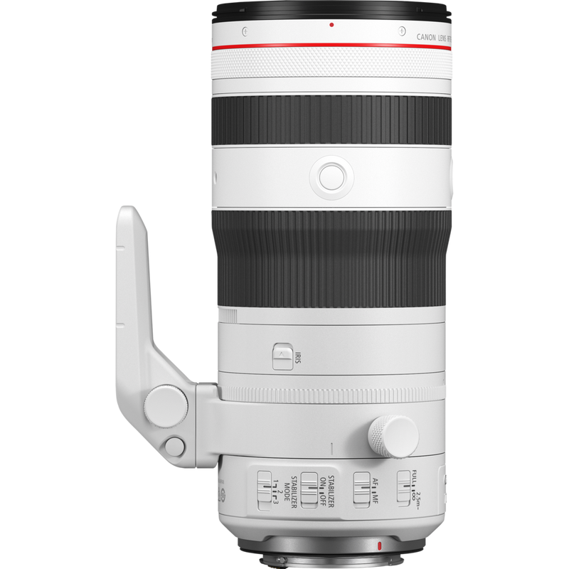 Canon RF 70-200mm F2.8L IS USM Z Objektiv, weiß Produkt Rückansicht mit Objektivstütze