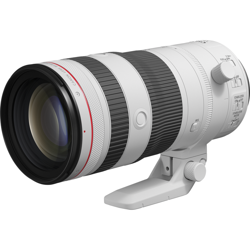 Canon RF 70-200mm F2.8L IS USM Z Objektiv, weiß Produkt Schrägansicht mit Objektivstütze