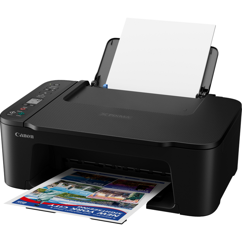 Canon PIXMA TS3750i WLAN-Farb-Multifunktionssystem Fotodrucker, Schwarz Produkt Vorderansicht mit geöffnetem Fach mit Einblick in das Einführen von Papier