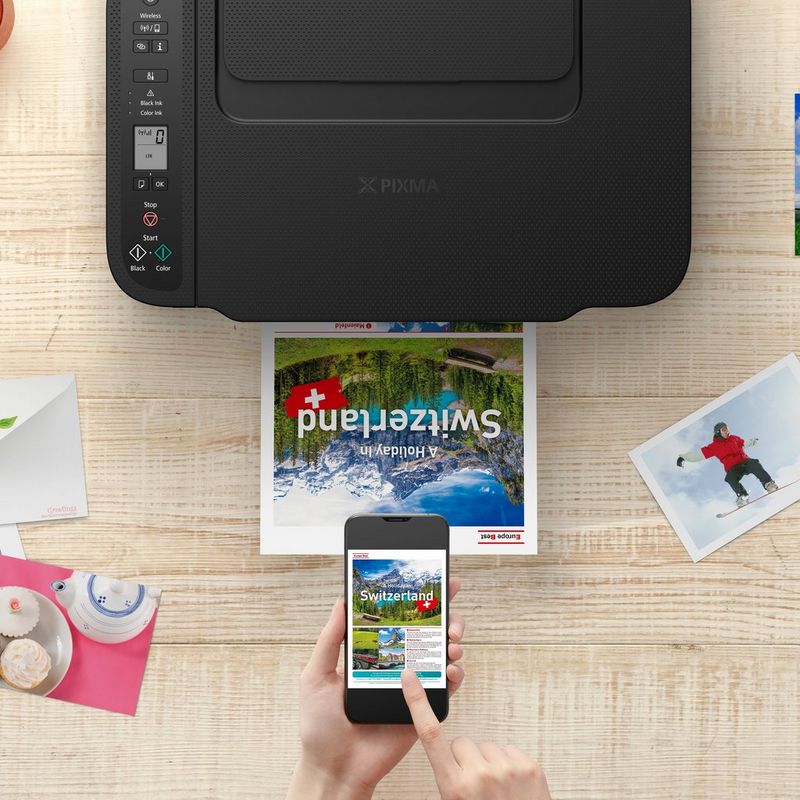Canon PIXMA TS3750i WLAN-Farb-Multifunktionssystem Fotodrucker, Schwarz Ansicht von oben mit Smartphone, das die Verbindung anzeigt