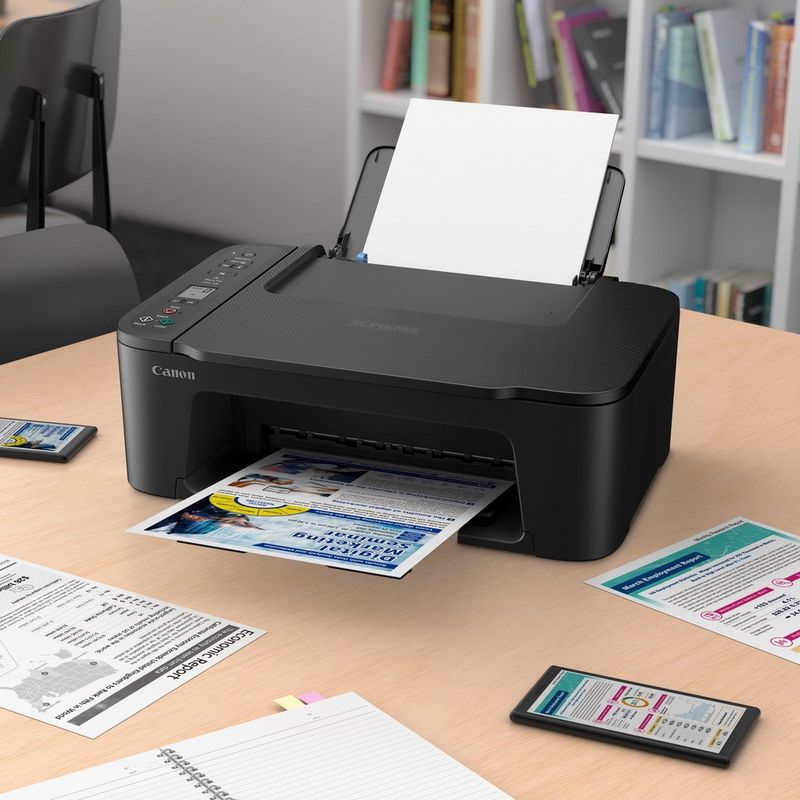 Canon PIXMA TS3750i WLAN-Farb-Multifunktionssystem Fotodrucker, Schwarz Produkt auf einem Büroschreibtisch