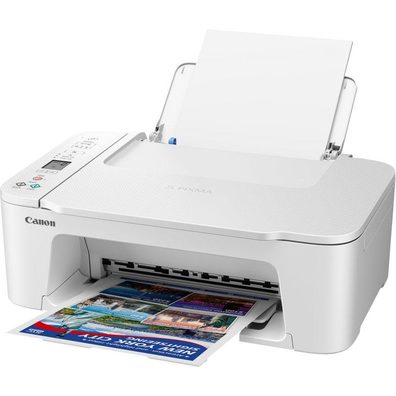 Canon PIXMA TS3751i WLAN-Farb-Multifunktionssystem Fotodrucker, Weiß Produkt Vorderansicht mit geöffnetem Fach mit Einblick in das Einführen von Papier