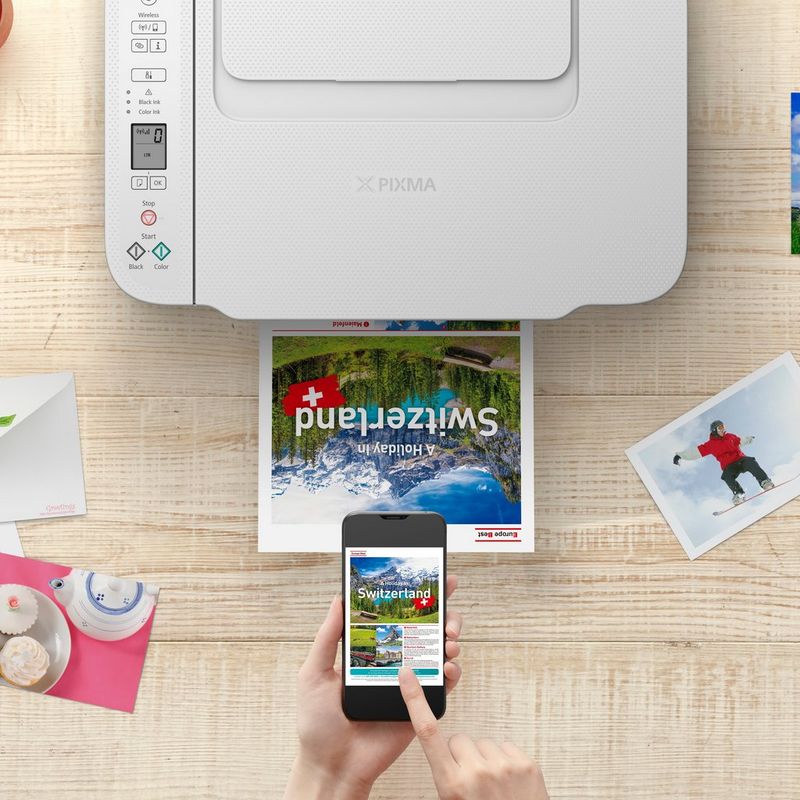 Canon PIXMA TS3751i WLAN-Farb-Multifunktionssystem Fotodrucker, Weiß Ansicht von oben mit Smartphone, das die Verbindung anzeigt