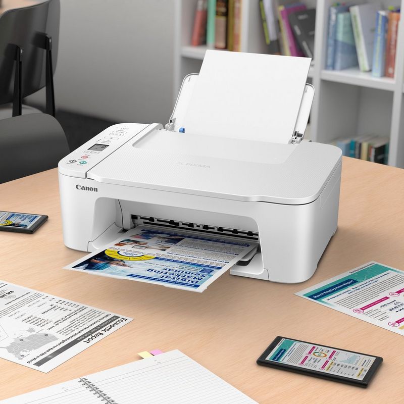 Canon PIXMA TS3751i WLAN-Farb-Multifunktionssystem Fotodrucker, Weiß Produkt auf einem Büroschreibtisch
