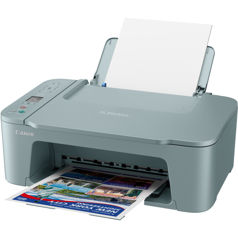 Canon PIXMA TS3752i WLAN-Farb-Multifunktionssystem Fotodrucker, Blaugrau Produkt Vorderansicht mit geöffnetem Fach mit Einblick in das Einführen von Papier