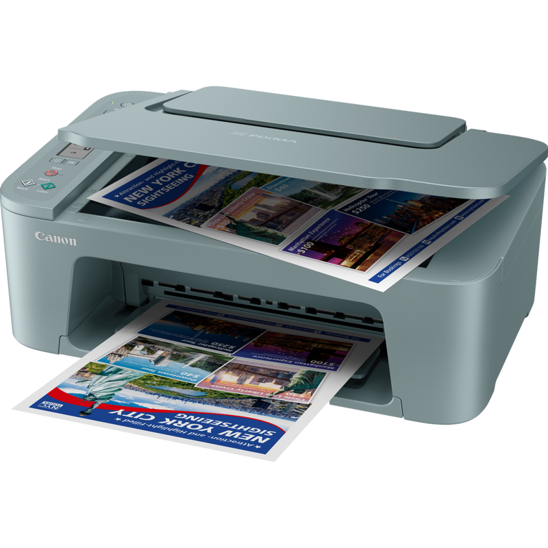 Canon PIXMA TS3752i WLAN-Farb-Multifunktionssystem Fotodrucker, Blaugrau Produkt Vorderansicht mit geöffnetem Fach und geöffneter Abdeckung