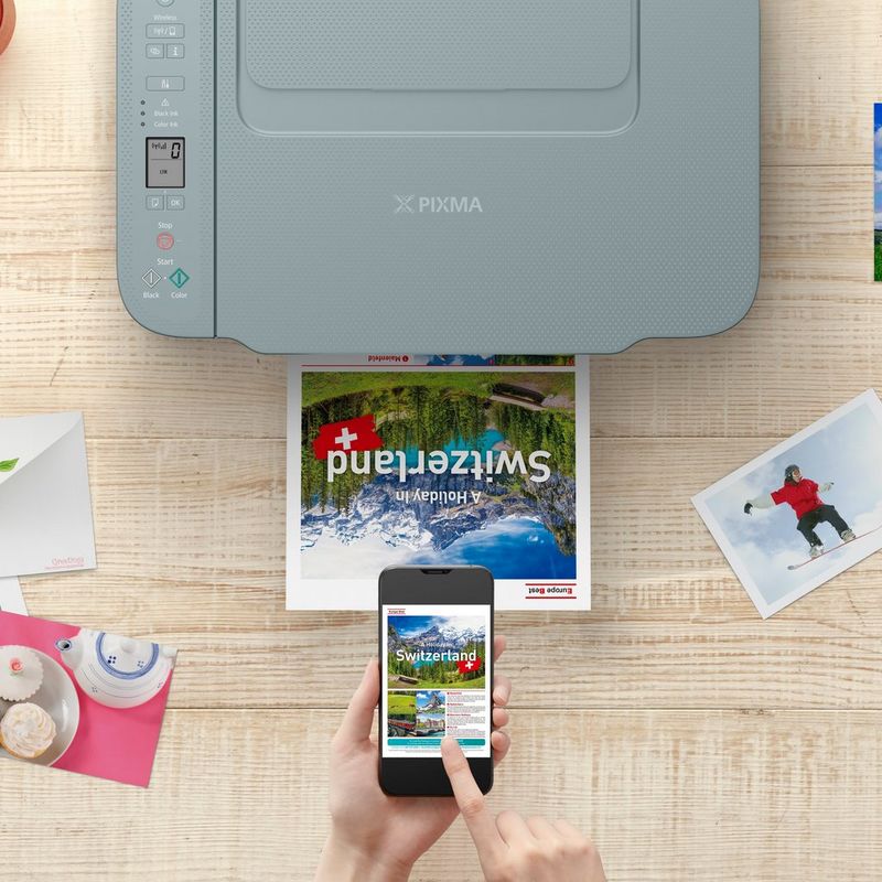 Canon PIXMA TS3752i WLAN-Farb-Multifunktionssystem Fotodrucker, Blaugrau Ansicht von oben mit Smartphone, das die Verbindung anzeigt