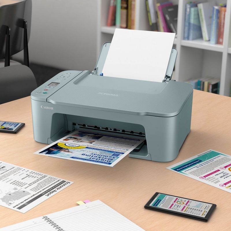 Canon PIXMA TS3752i WLAN-Farb-Multifunktionssystem Fotodrucker, Blaugrau Produkt auf einem Büroschreibtisch