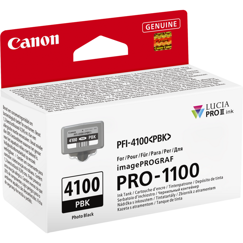 Canon PFI-4100PBK Produkt Diagonale Vorderansicht der Verpackung