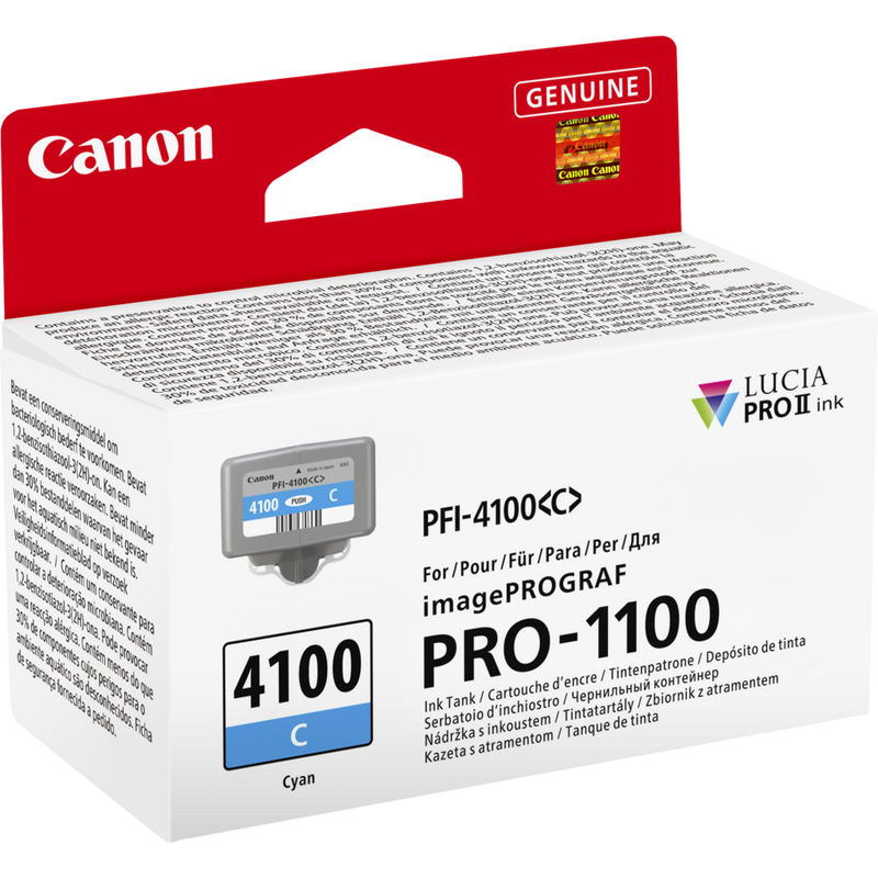 Canon PFI-4100C Produkt Diagonale Vorderansicht der Verpackung