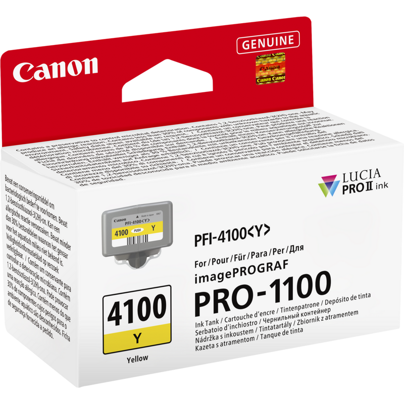 Canon PFI-4100Y Produkt Diagonale Vorderansicht der Verpackung