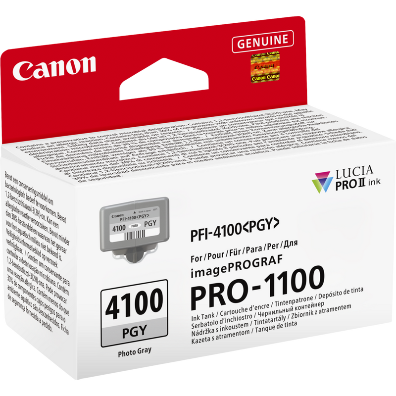 Canon PFI-4100PGY Produkt Diagonale Vorderansicht der Verpackung
