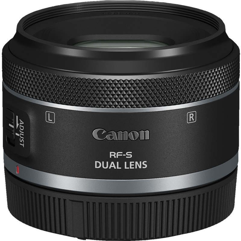 Canon RF-S 7.8mm F4 STM DUAL Lens Produkt Schrägansicht mit Abdeckung