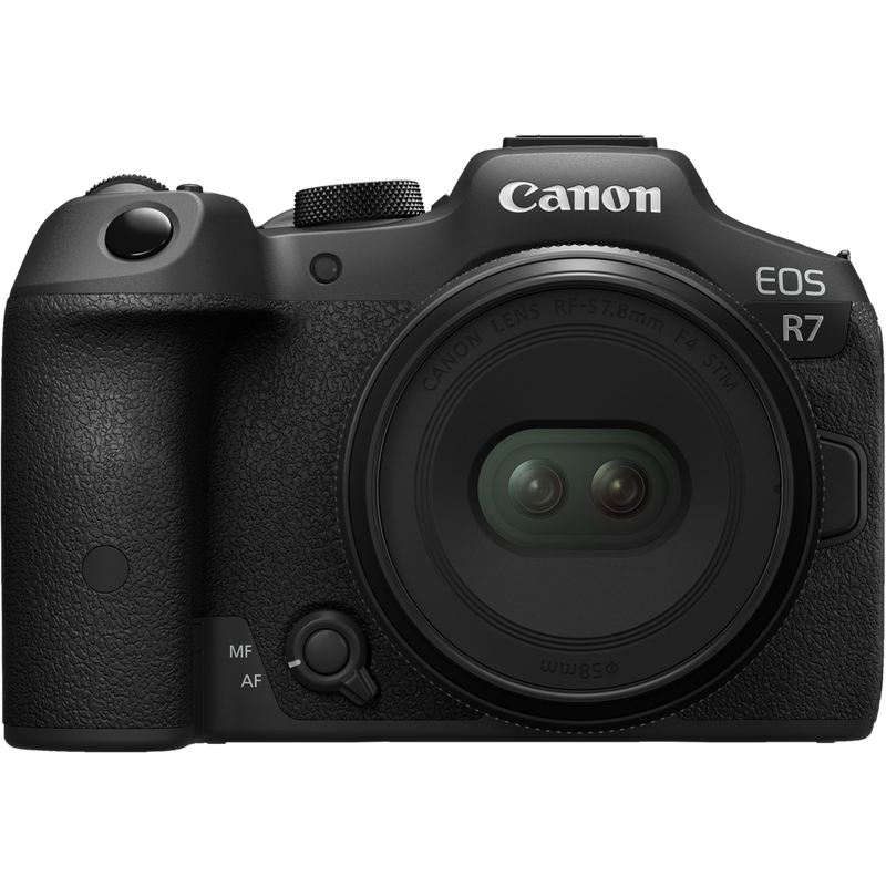 Canon RF-S 7.8mm F4 STM DUAL Lens Produkt Mit Vorderansicht der Kamera