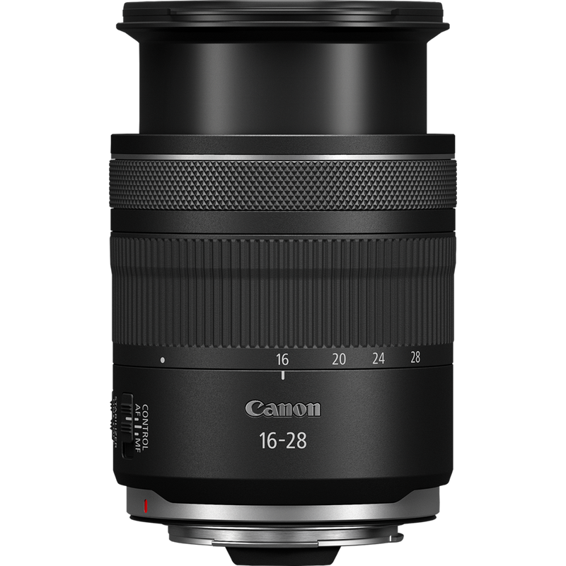 Canon RF 16-28mm F2.8 IS STM Objektiv Produkt Vorderansicht mit Objektiv-Extender