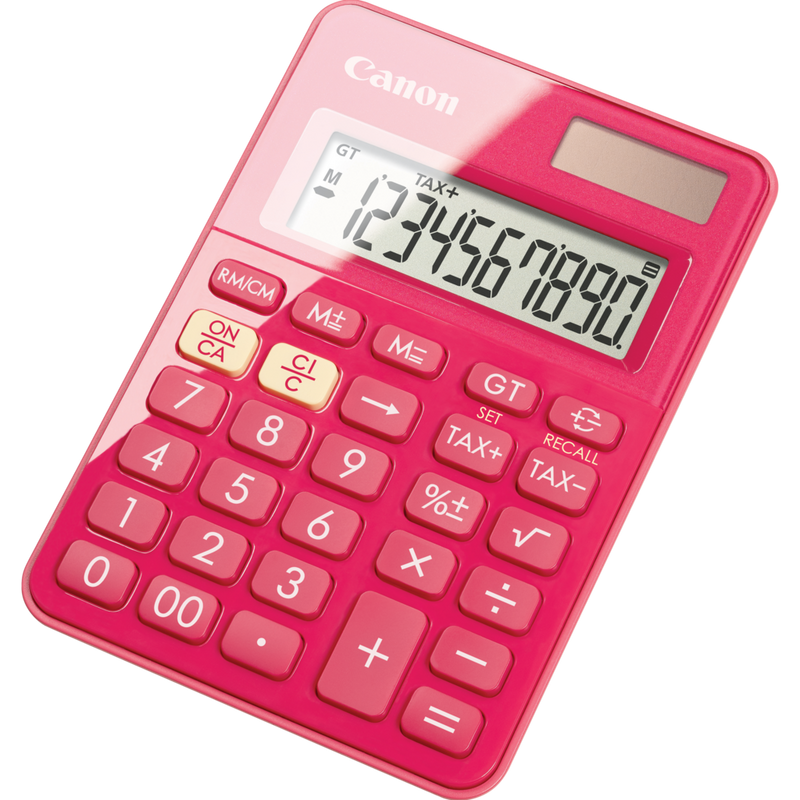 Canon LS-100KB Rechner – Schrägansicht des pinkfarbenen Produkts von rechts