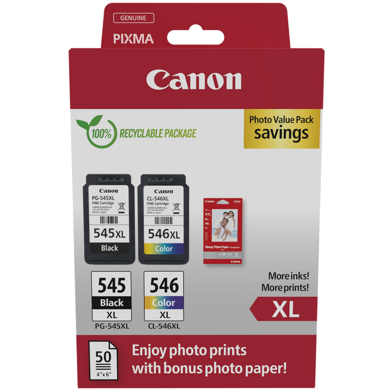 Canon PG-545XL/CL-546XL High Yield Ink Cartridge + Photo Paper Value Pack Product Package front view