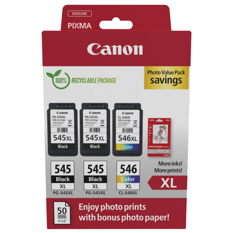 Canon PG-545XL x2/CL-546XL High Yield Ink Cartridge + Photo Paper Value Pack Product Package front view