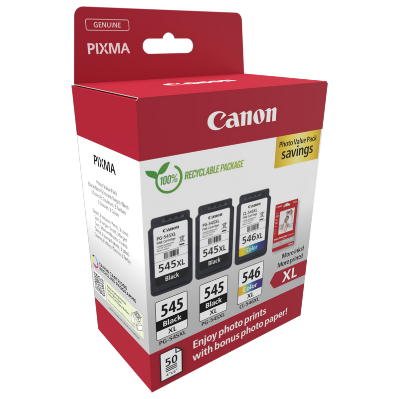 Canon PG-545XL x2/CL-546XL High Yield Ink Cartridge + Photo Paper Value Pack Product Package angled view
