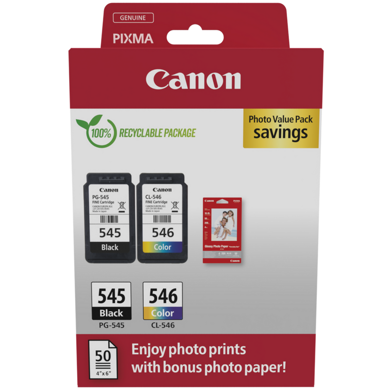 Canon PG-545/CL-546 Ink Cartridge + Photo Paper Value Pack Product Photo value front view