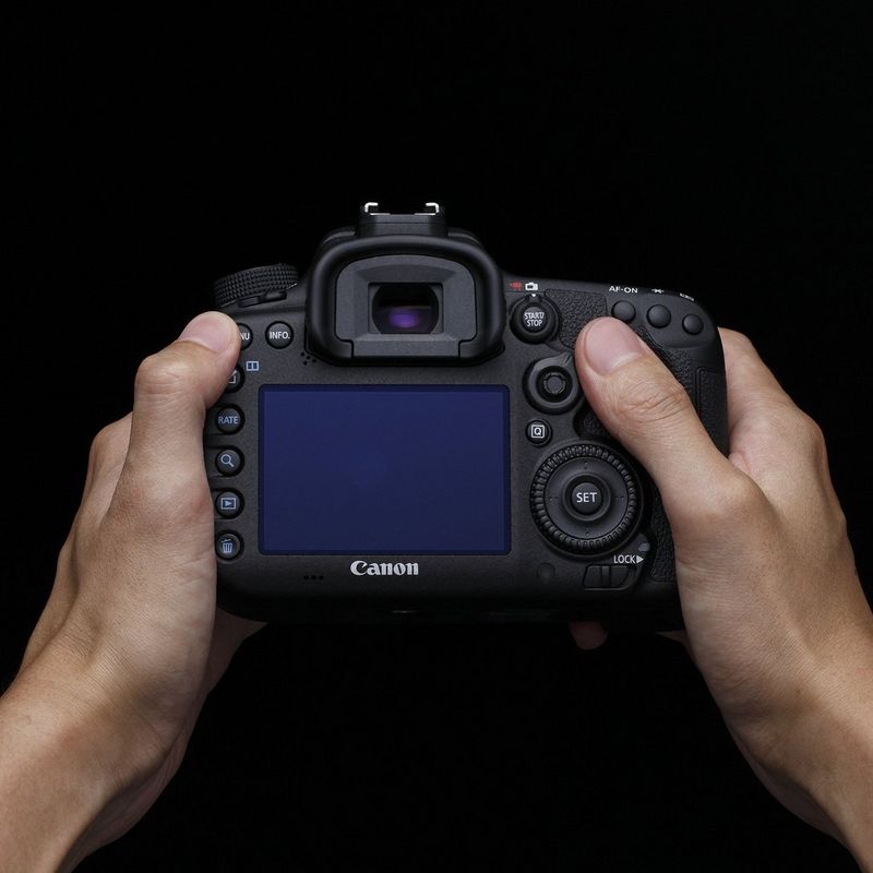 Canon EOS 7D Mark II Gehäuse + W-E1 WLAN-Adapter Rückansicht eines Manns, der eine Kamera hält