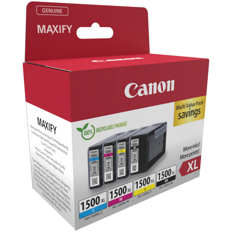 Canon PGI-1500XL High Yield BK/C/M/Y Ink Cartridge Multipack Product Package angled view