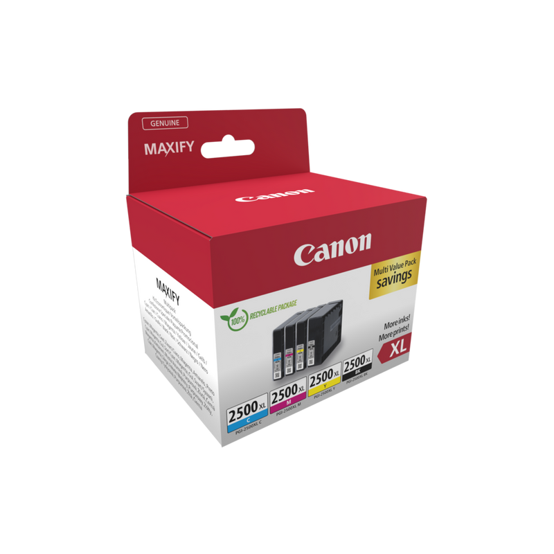 Canon PGI-2500XL High Yield BK/C/M/Y Ink Cartridge Multipack Product Front angled view