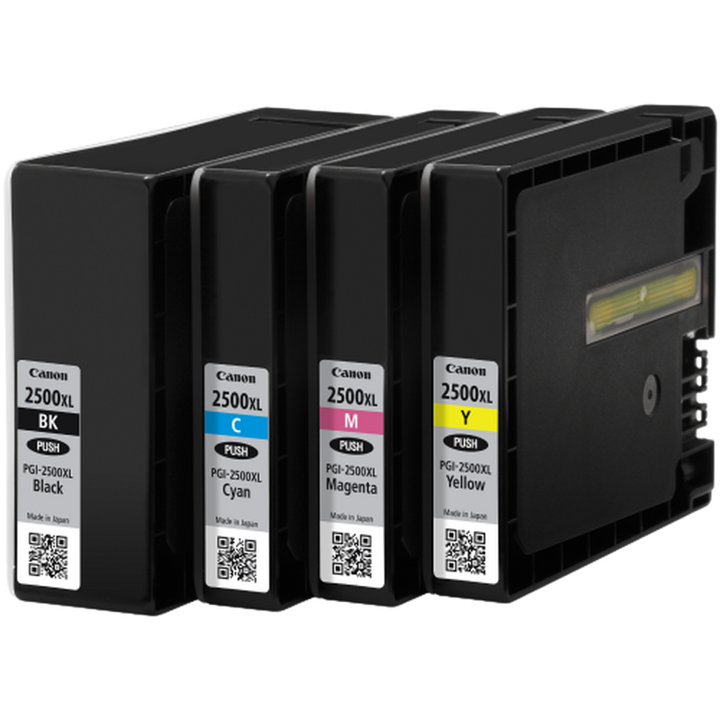 Canon PGI-2500XL High Yield BK/C/M/Y Ink Cartridge Multipack Product Front angled view of all the cartridges