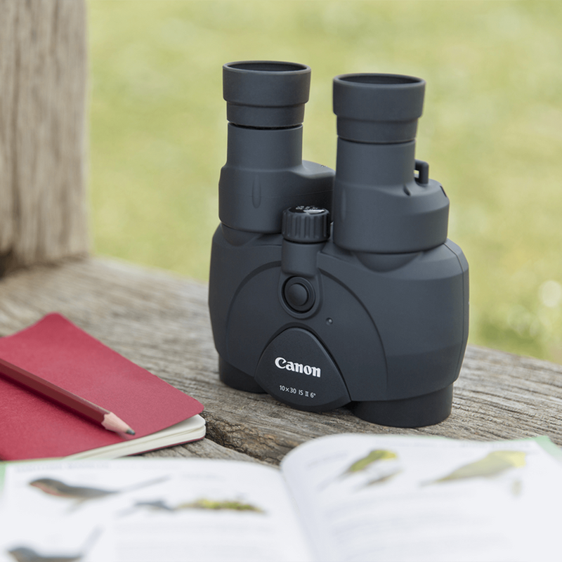 Canon 10x30 IS II Fernglas Fernglas auf einer hölzernen Oberfläche