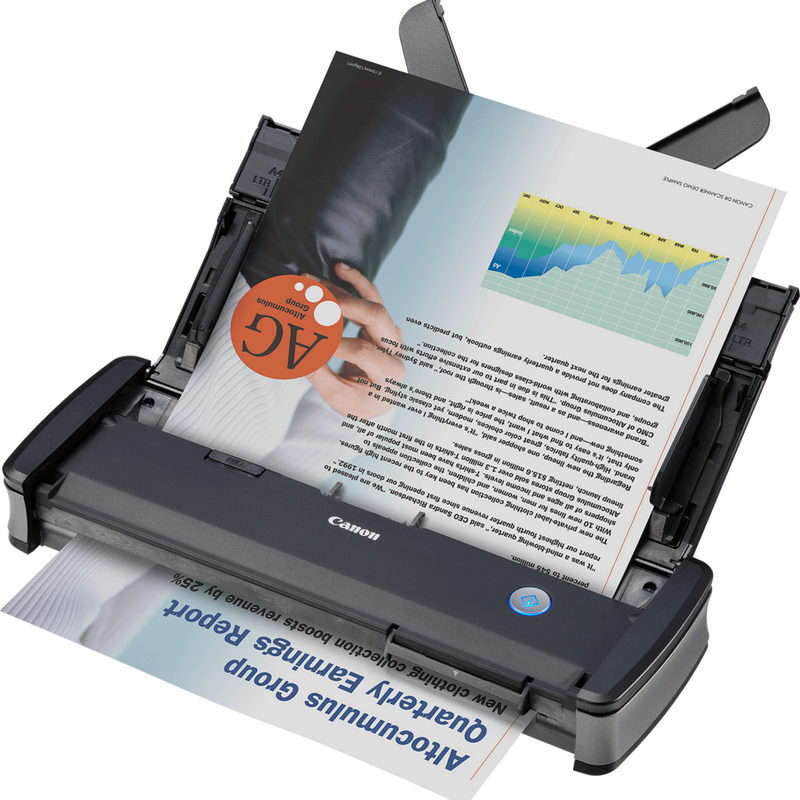 Canon imageFORMULA P-215II tragbarer Dokumentenscanner Produkt Ansicht von oben mit Papier