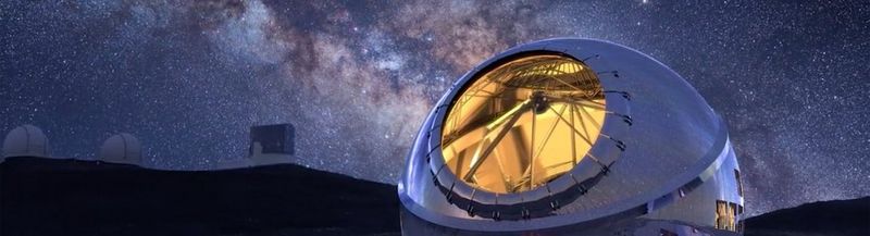 The ‘Thirty Metre Telescope’, located at Mauna Kea, Hawaii, against the backdrop of a clear and starry night.