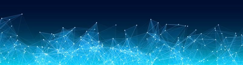 A dark blue abstract futuristic digital landscape with light blue lines dots and stars on horizon.