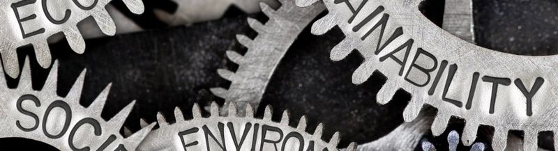 A series of interlocking metal cogs, engraved with words that can be partially seen – economic, social, environment, sustainability.