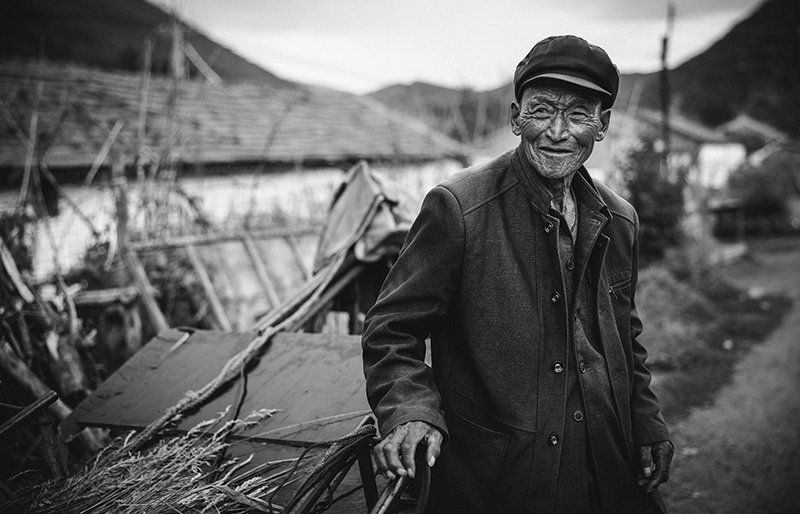 Black and white portrait of old main in small village