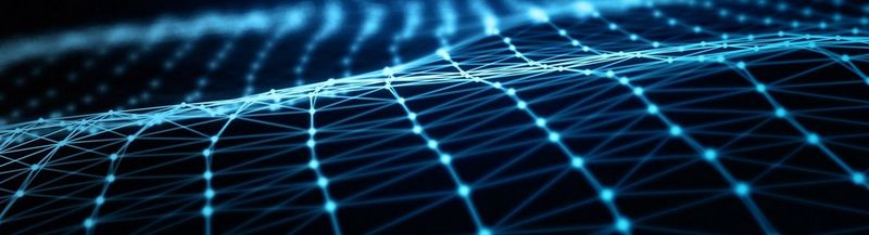 A futuristic mesh of blue triangles against a black background.